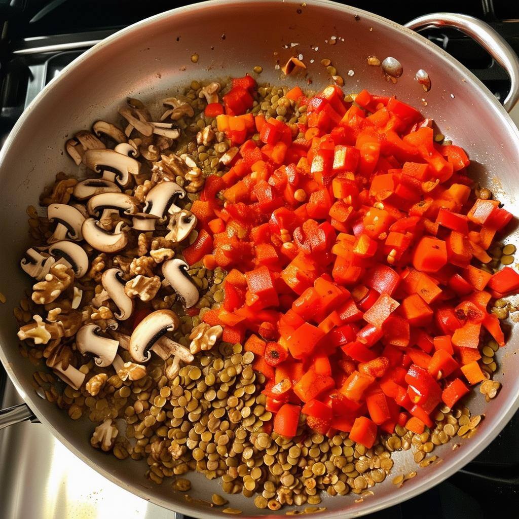 Add the diced red capsicum and mushrooms