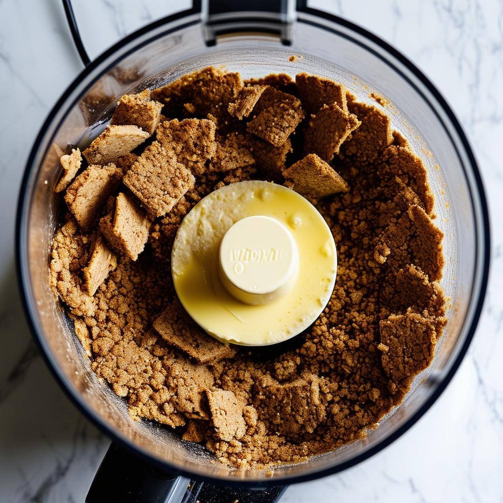 Blitz the biscuits in a food processor to a small crumb, and add the melted butter – either pulse in the food processor a few times until the mixture