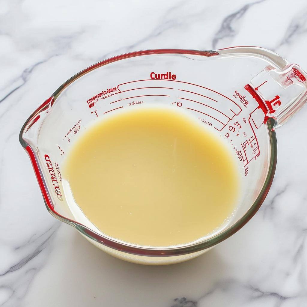 Combine the soy milk and vinegar in a measuring cup or bowl, stir and set aside for a few minute to curdle