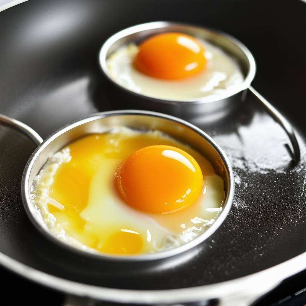 Crack egg into the egg rings on frying pan these need to be inside egg rings