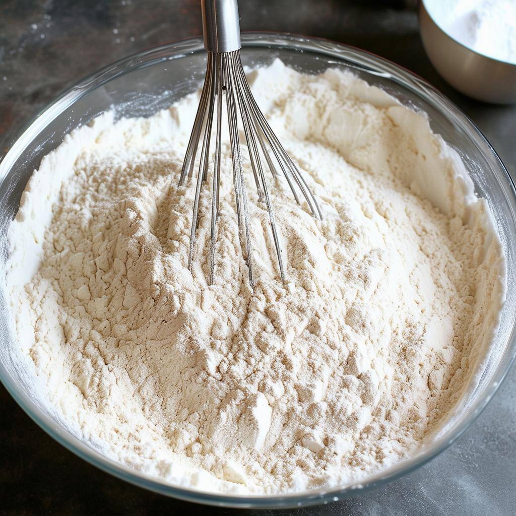 In a large bowl, whisk together the flour, sugar, baking powder, baking soda and salt