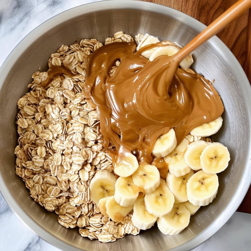 In a mixing bowl, add all your oats, whole bananas, maple syrup, peanut butter except for your and mix well