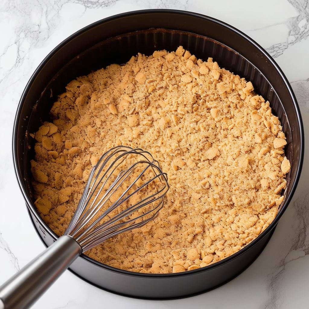 In a mixing bowl, add your crushed cookies, sweetener, and melted butter and whisk together until combined