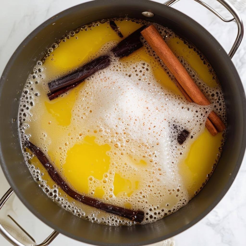 In a saucepan, combine the water, sugar, cinnamon stick, vanilla bean if using, and lemon juice