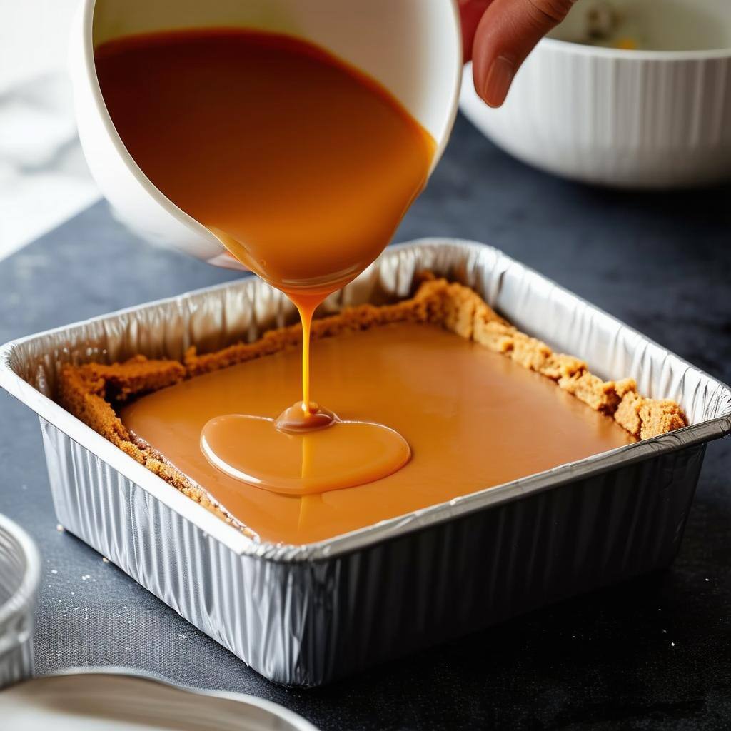 Pour the caramel onto the biscuit base in the square tin on dark charcoal bench