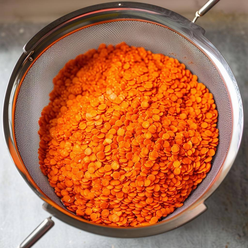 Rinse the red lentils in a fine mesh sieve and set aside