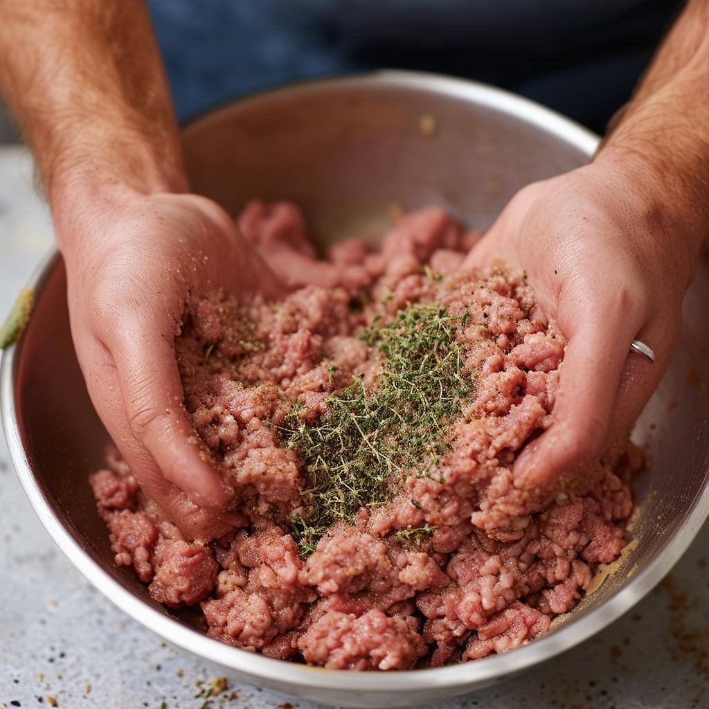 Sausage Patty ingredients in a bowl use your hands to mix it real good pork mince, thyme, onion powder, sage