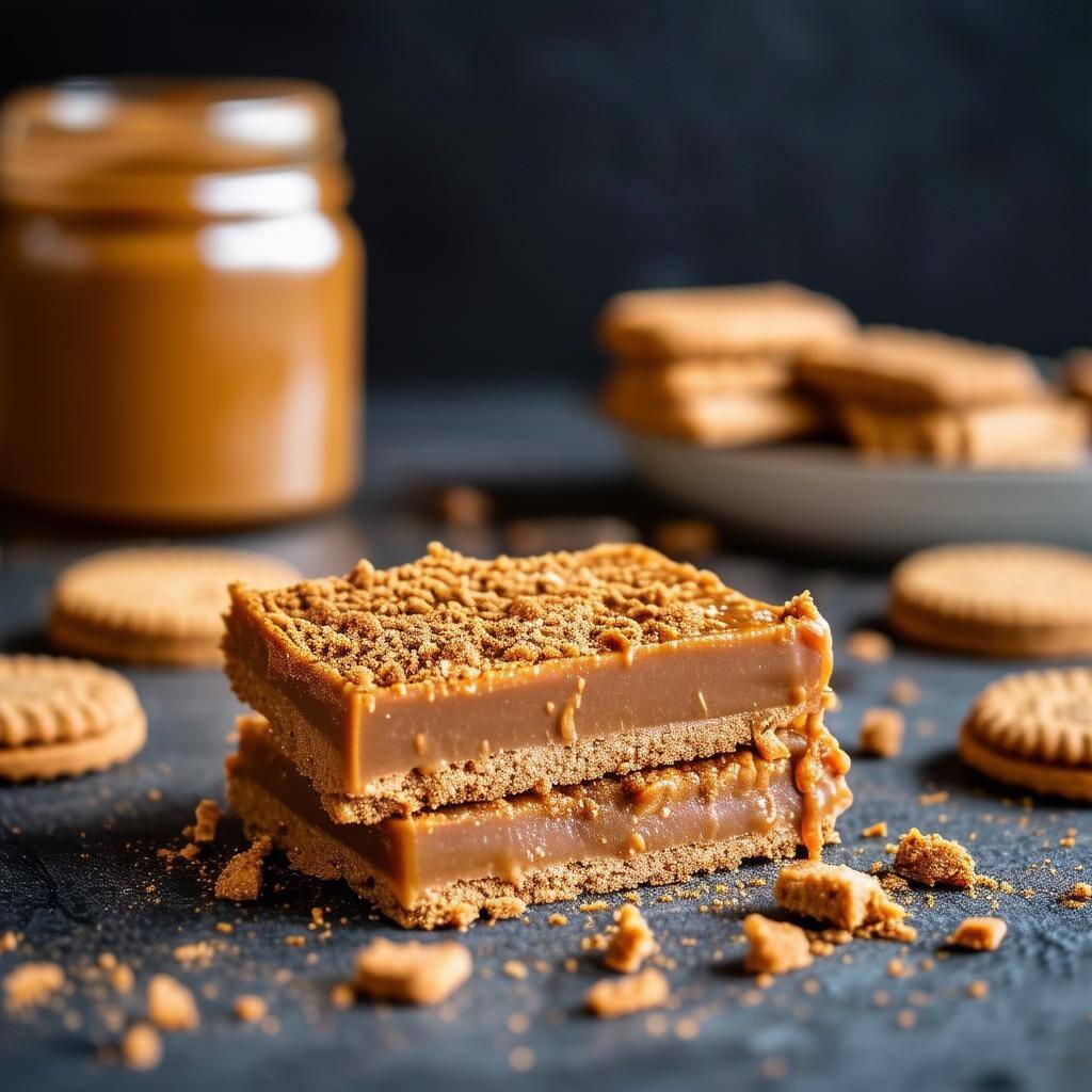 biscoff caramel slice on dark concrete table with biscoff jar in background and crushed lotus biscuits all around