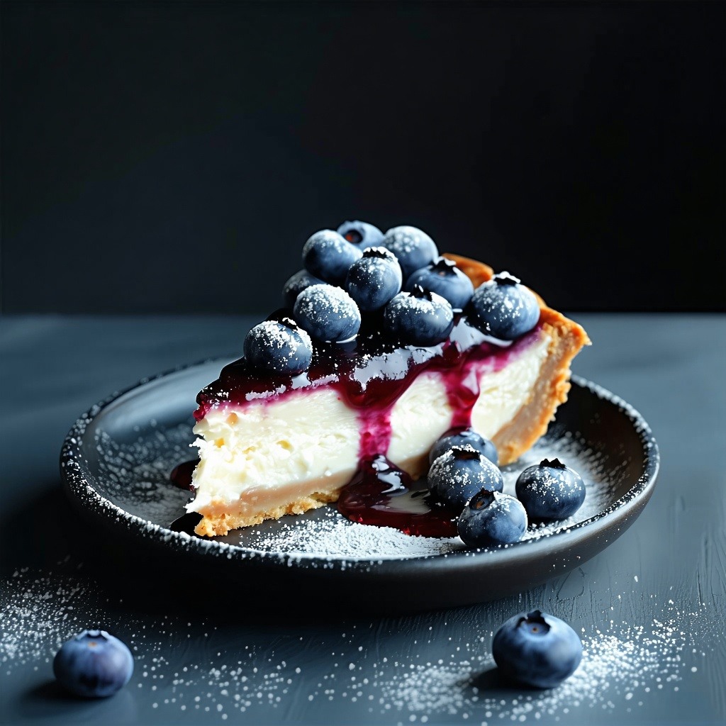 blueberry cheesecake on dark concreete bench with blue berry compote on top juicy cooked blueberry compote image to be dark with cake to be highlight