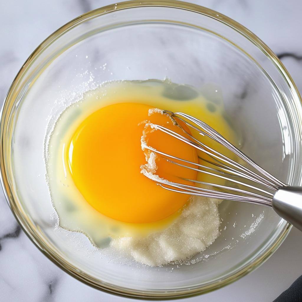 crack egg into clear bowl with some sugar inside and whisk