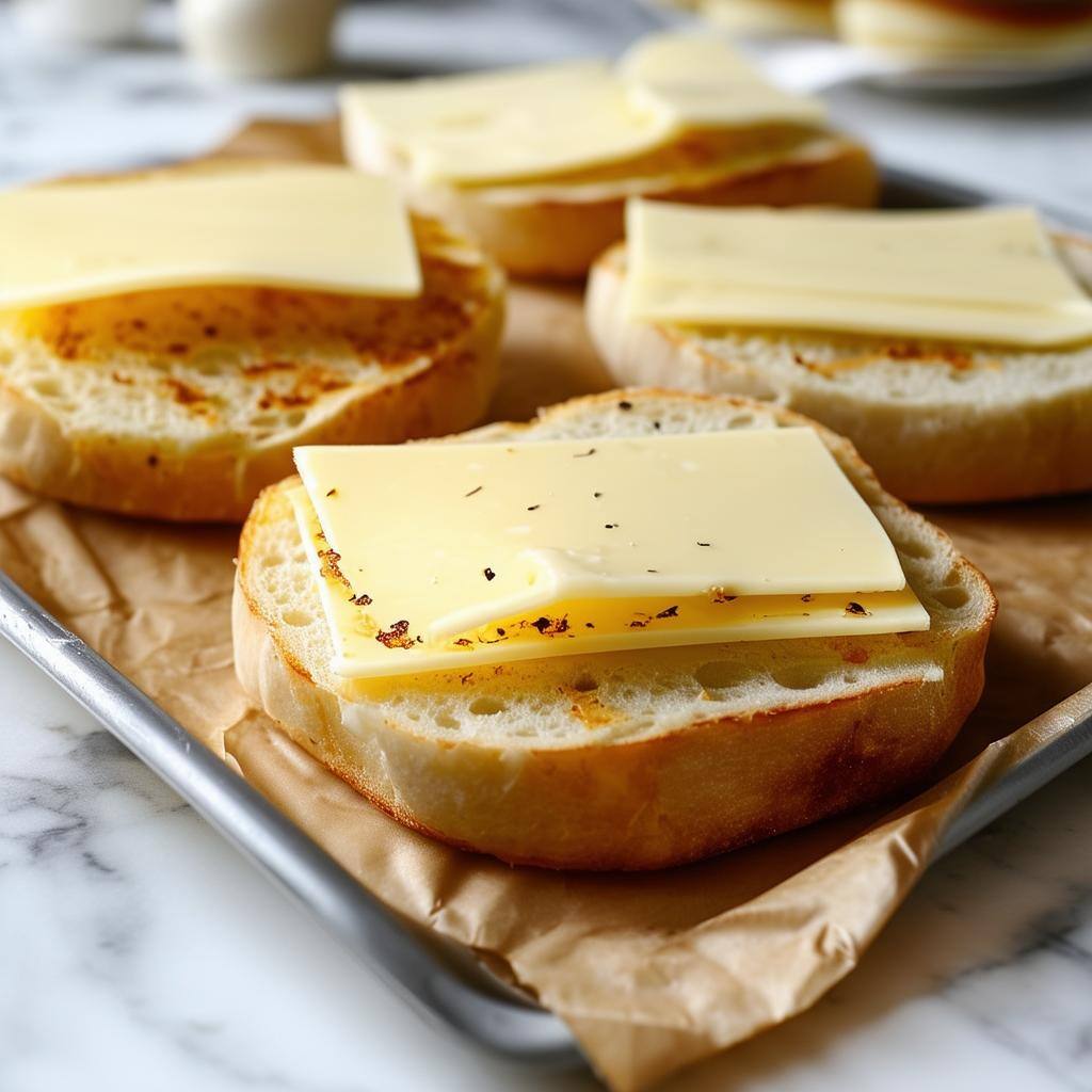 english muffins cut open on sliver rectangle baking tray on white marble bench with square slice THIN cheese on top melted ready for the oven with cri