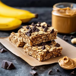 healthy peanut butter banana breakfast oat bar with melted chocolate bits, on brown paper on dark concrete kitchen benchtop-2