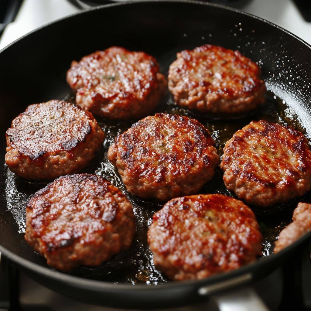 sausage patties in fry pan cooking