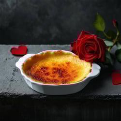 valentines creme brulee on dark concrete bench with rose