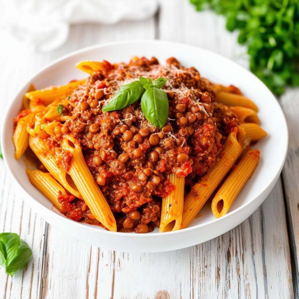 vegan lentil protein penne bolognese [pasta on white wooden table