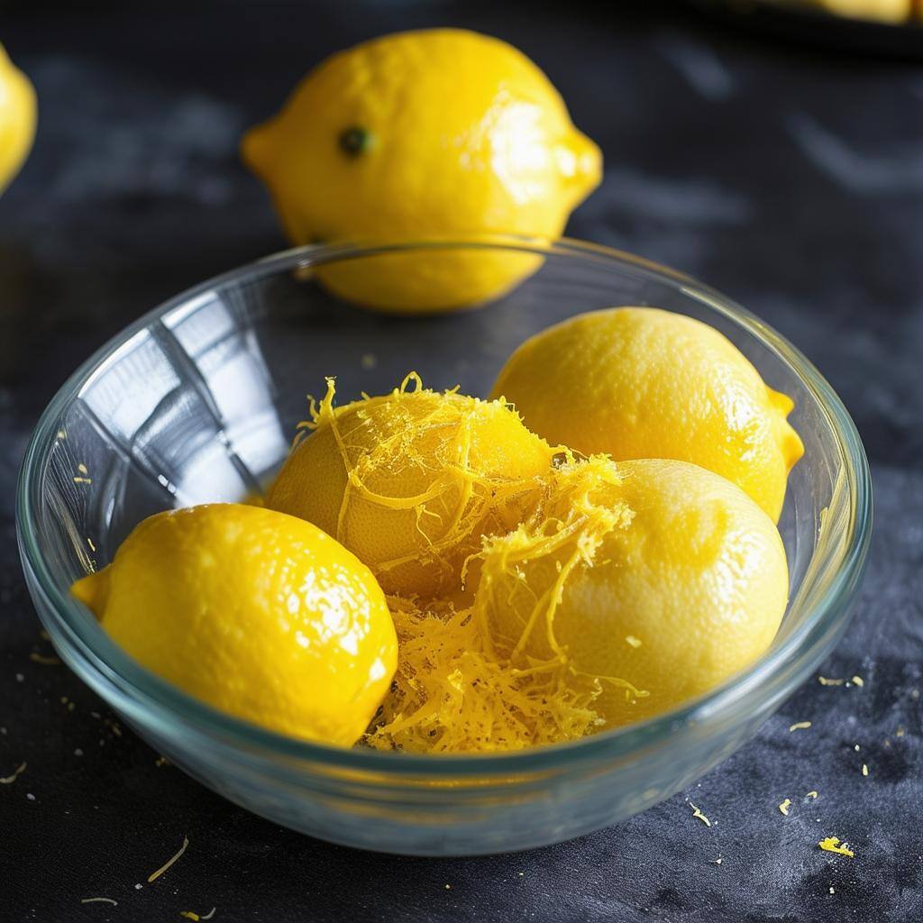 zesting lemons over a clear bowl on a charcoal benchtop